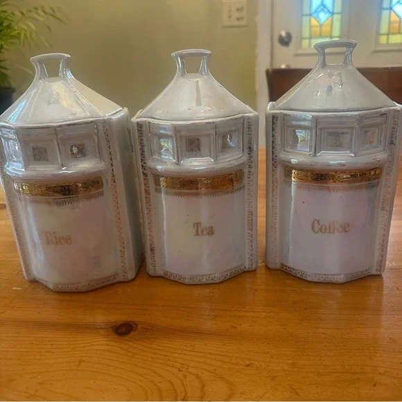 Vintage White Lusterware Germany Canister Set of Three Rice Tea Coffee - Picture 1 of 13